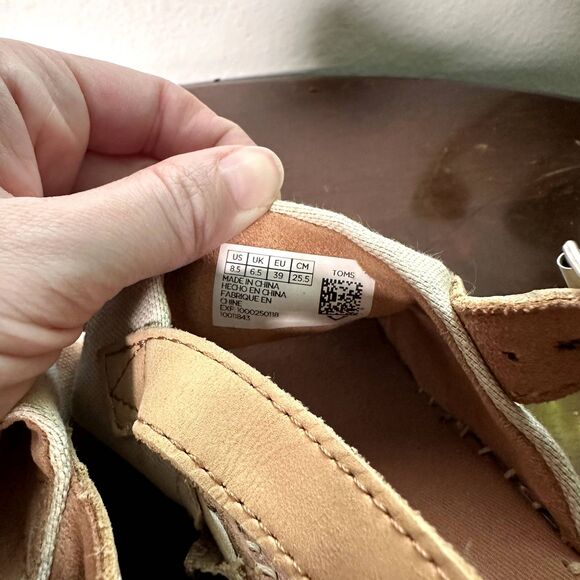 TOMS Women's Wedge Sandals 8.5 Natural Canvas Espadrille Peep Toe Heels Beige - Picture 2 of 11